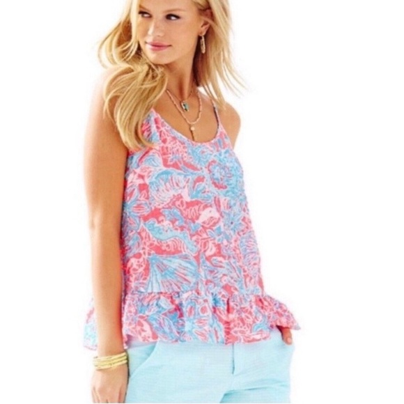 Lilly Pulitzer Tops - Lilly Pulitzer Coral Pink Blue Sun Ray Ruffled Peplum Tank Top Shirt Cami XL NWT